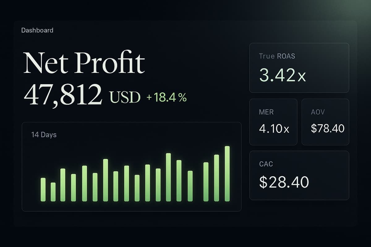 Dashboard de KANDIMA mostrando Net Profit de 47.812 USD con +18,4%, un gráfico de barras de 14 días y las métricas True ROAS 3,42x, MER 4,10x, AOV 78,40 y CAC 28,40.